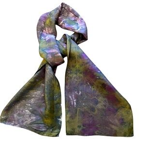 Gorgeous 100% silk watercolors oblong scarf, purple & olive green